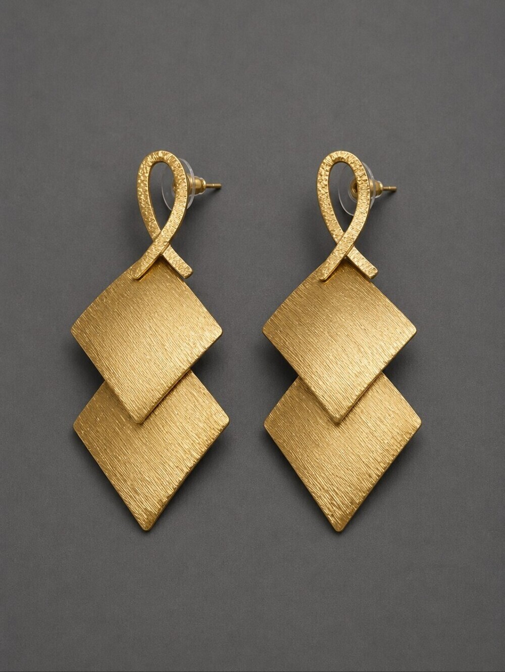 Vtg Jumbo Brushed Metal Diamond Shape Mod Dangle Statement Earrings